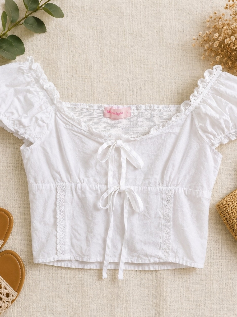 Milkshake Prairie Peasant Boho Tie Front Blouse L White